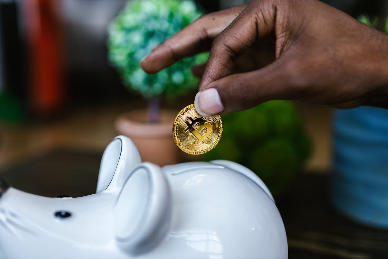 services-04 A close-up of a hand placing a bitcoin into a white piggy bank, symbolizing investment and savings.