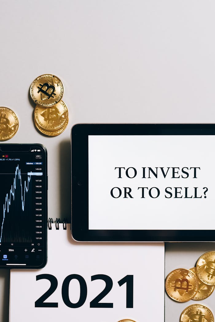 hero-img Tablet with To Invest or To Sell? text, gold bitcoins, smartphone displaying a stock chart.